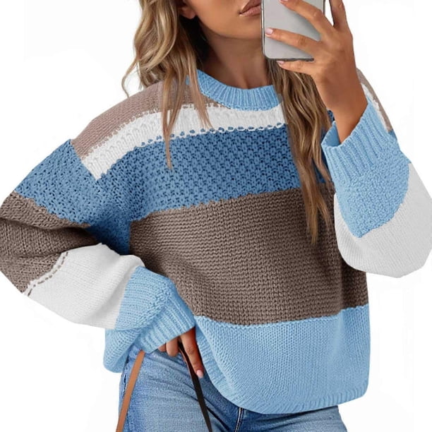 (One) Women's Colorblock Cropped Sweater Fashion Casual Oversized Striped Pullover Red XXL