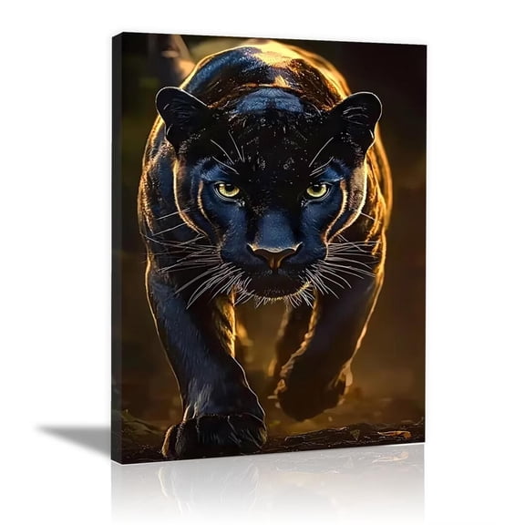Mudket Golden Backlight Black Panther Forest Canvas Wall Art, Realistic Safari Wildlife Cool Posters Print for Man Cave Office Living Room Home Decor, Framed Ready to Hang - 12"L x 8"W