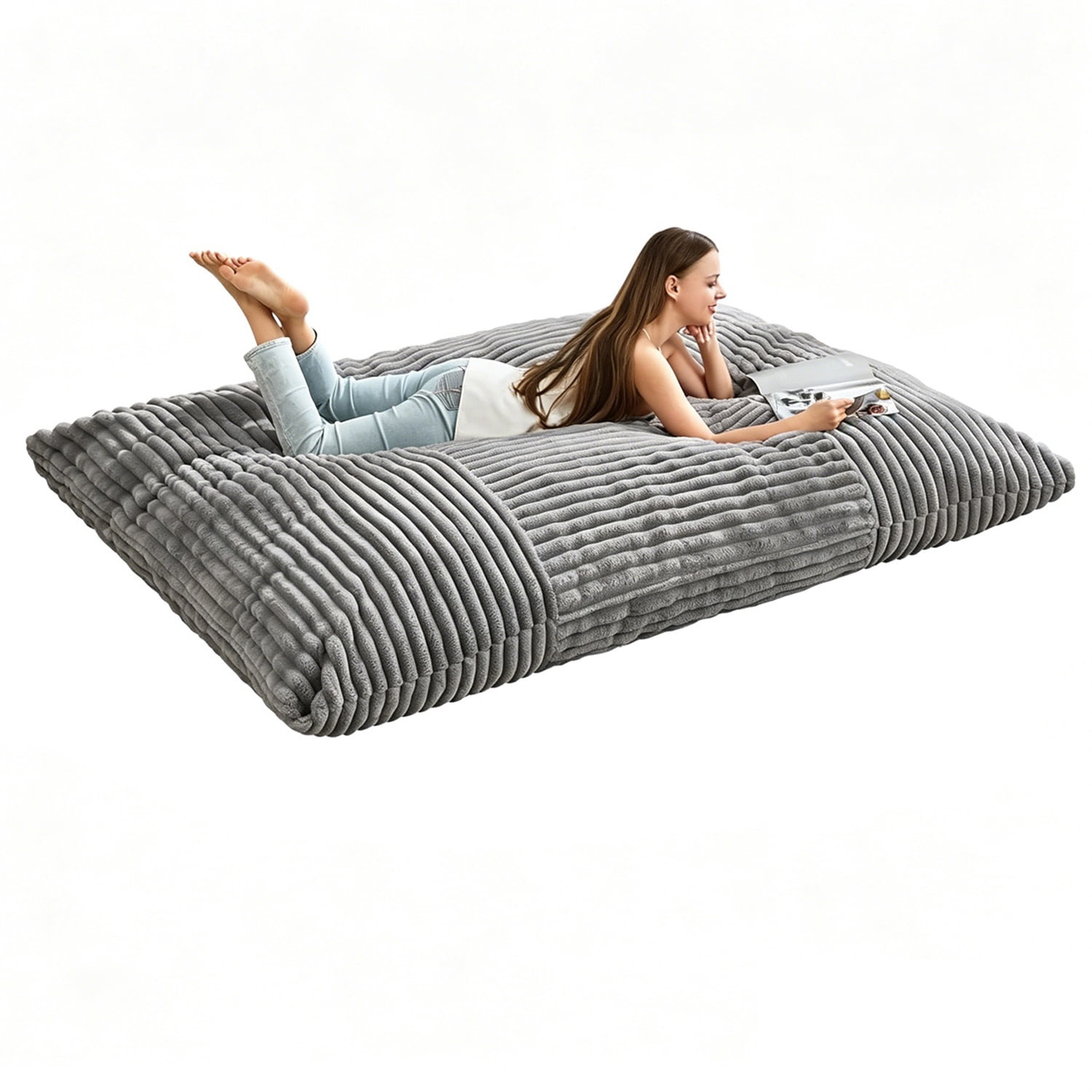 Hommoo Ergonomic Striped Bean Bag Chair, Floor Lounger with Machine-Washable Corduroy Cover, Full-Body Relaxation Sofa for Home, Light Grey