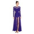thumbnail image 2 of TiaoBug Women's Floral Lace Long Sleeve Lyrical Ballet Leotard Dress Flowy Mesh Modern Contemporary Dance Dress Purple XL, 2 of 7