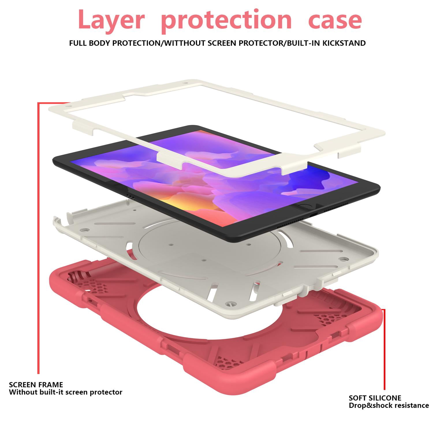 Allytech Case for iPad 9th/8th/7th Generation 10.2", Kids Case with 360° Rotating Folding Ring, Pencil Holder, Strap Drop-Proof Case for iPad 9/8/7 Gen 2021/2020/2019, Begonia Red