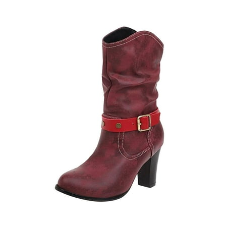 KBKYBUYZ Women Shoes Basis Belt Buckle Solid Color Anti-skid Square High Heels Casual Warm Wear-resistant Slip-on Fleece Cowboy Boots Comfortable Elegant Shoes