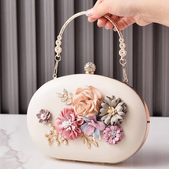 Floral Evening Bag Retro Macaron Color Handheld Party Bag Bride Purse - Round PU Material - Lock Closure (cream)