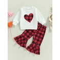 thumbnail image 2 of Bagilaanoe 2Pcs Toddler Baby Girl Valentine's Day Outfits Heart Print Long Sleeve Pullover Tops + Plaid Flared Trousers 6M 12M 18M 24M 3T 4T Kids Long Pants Set, 2 of 9