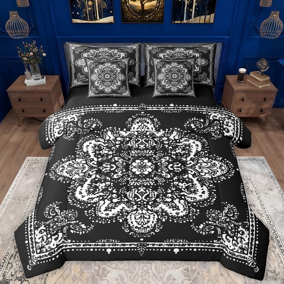 Manfei Retro Paisley Floral 7-Piece Twin Bedding Sets,Vintage Damsk Bedding Comforter Set,White Black Sheet Sets For Men Women,Super Cozy Room Decor Reversible