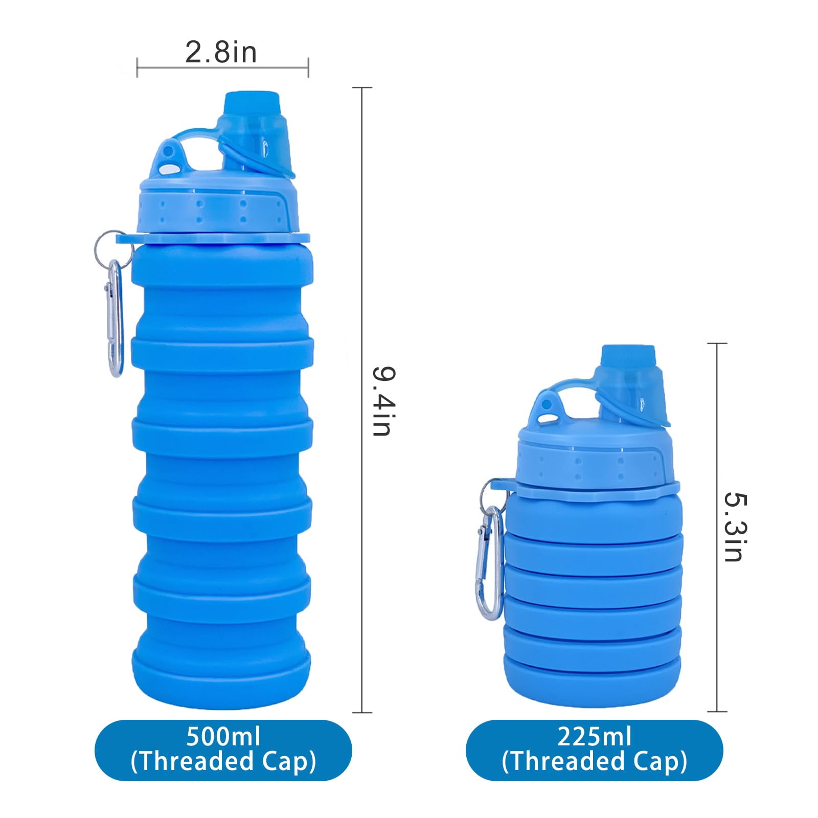 Collapsible Water Bottles Two Pack Travel Sports Portable Sport Water Bottle comes with mountaineering Buckle 500ml silicone Water-proof camping water bottle (Purple and Grey Color)