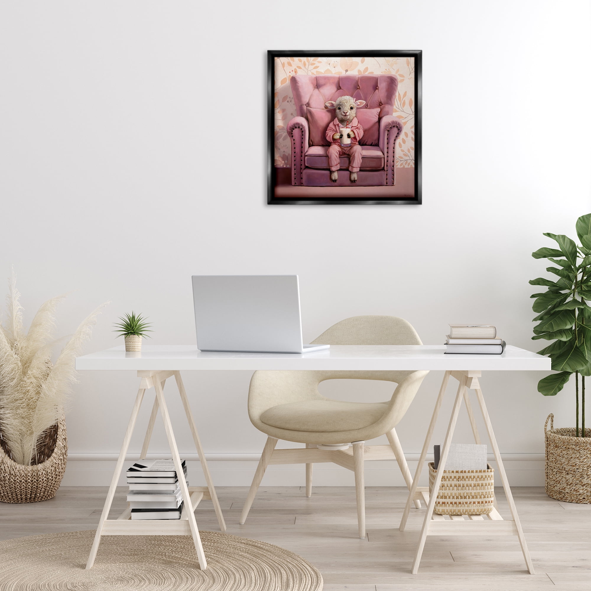 Stupell Industries Baby Cow in Pink Chair Animals & Insects Painting Black Floater Framed Canvas Art Print Wall Art, 25 x 25