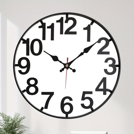 Wood Clock Wall Decor, Modern Wall Hanging Ornament, Wrought Iron Walls Decoration in Minimalist Style Vintage Farmhouse Decor for Patio, Garden, Living Room (Battery Not Included)