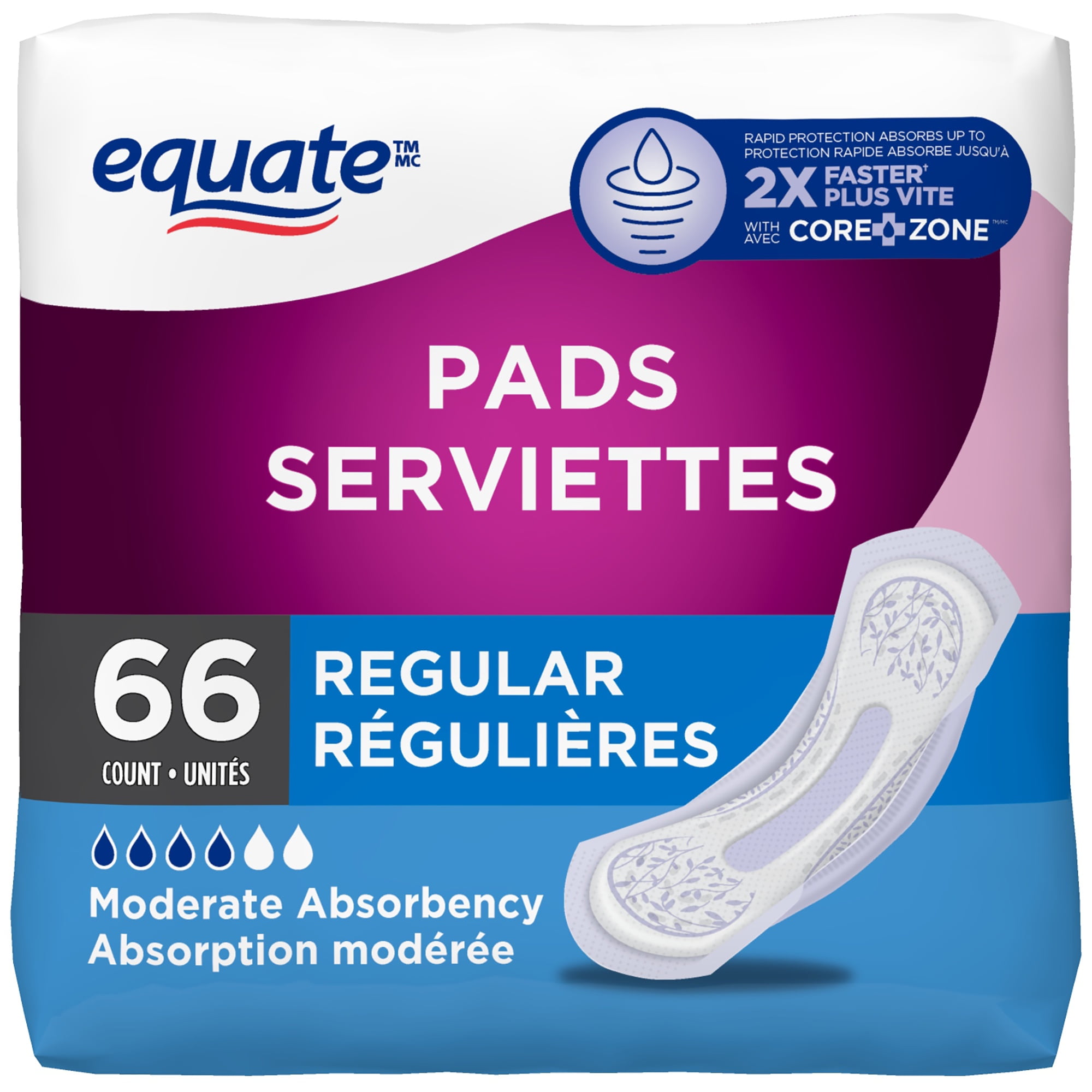 Serviettes à contrôle de la vessie absorption modérée d'Equate 66 serviettes, longueur ordinaire