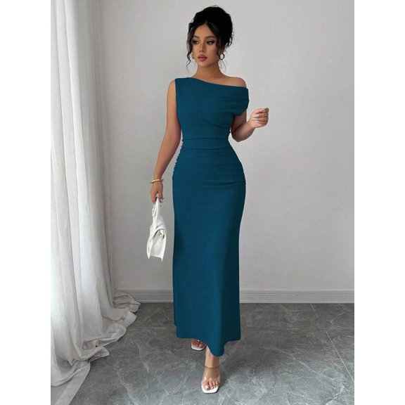 Teal Blue Off-The-Shoulder Ruched Waist Bodycon Maxi Dress For Women
