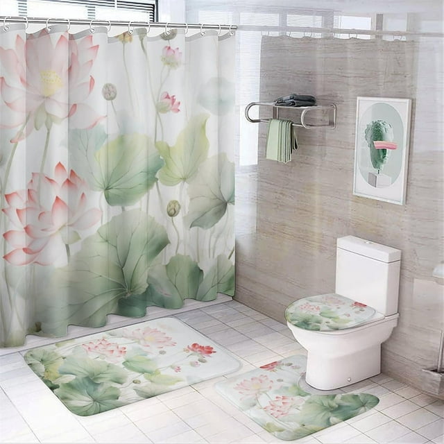 Faty-T Rideau de Douche Lotus Rustique 4 Pcs avec Tapis Antidérapants, Housse de Couvercle de Toilette et Tapis de Bain Rétro Rustique Fleur Nature Imperméable Rideau de Douche avec 12 Crochets Ensemble de Salle de Bain Décoration Maison