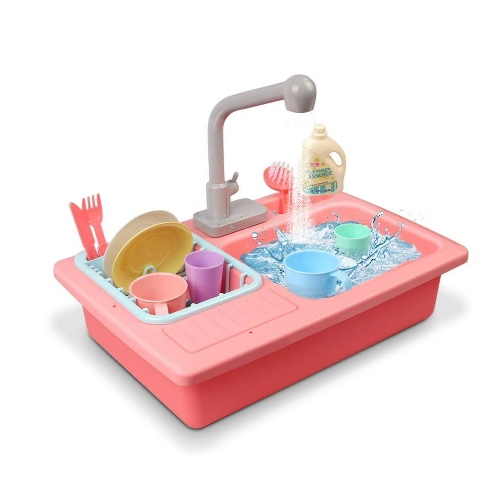 Toy Sink with Running Water and Dishes for Kids - 16” Kitchen Sink