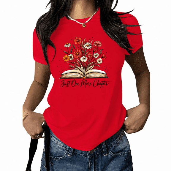 Women's Floral Open Book Graphic T-Shirt Just One More Chapter Literary Quote Print Short Sleeve Crewneck Reader Gift Top Plus Size