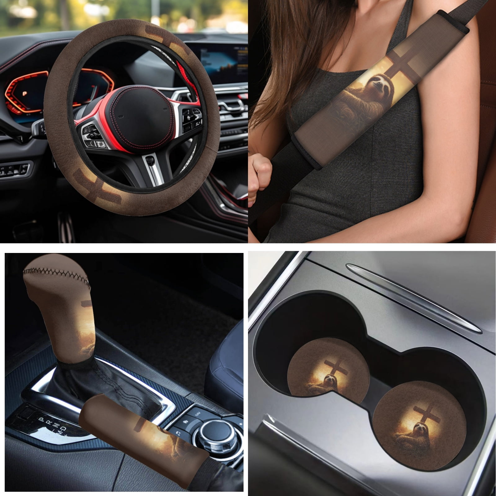 Yuyamidu Sloth Car Seat Covers Full Set of 15 Cross Car Floor Mats Auto Steering Wheel Cover Seatbelt Covers Handbrake Sets Cup Coasters Brown Auto Accessory Decor