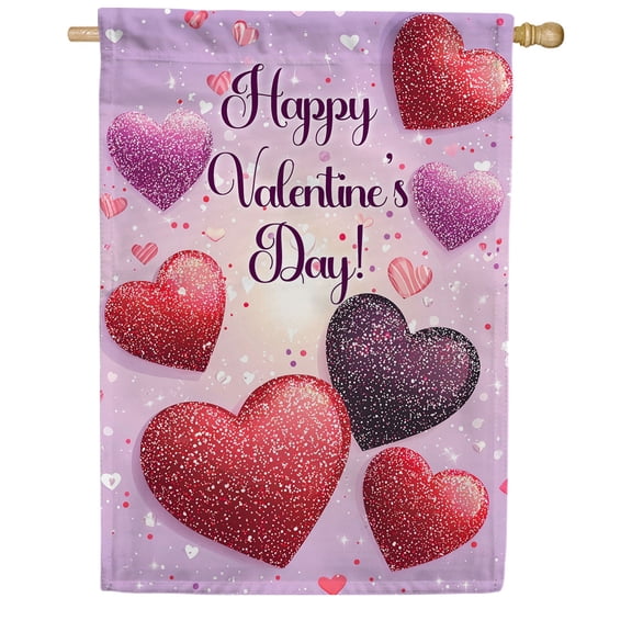America Forever Happy Valentine's Day House Flag, 28 x 40 inch Double Sided, Glitter Hearts Red Pink Purple, Valentine's Day Seasonal Outdoor Decor, Love Hearts Flag