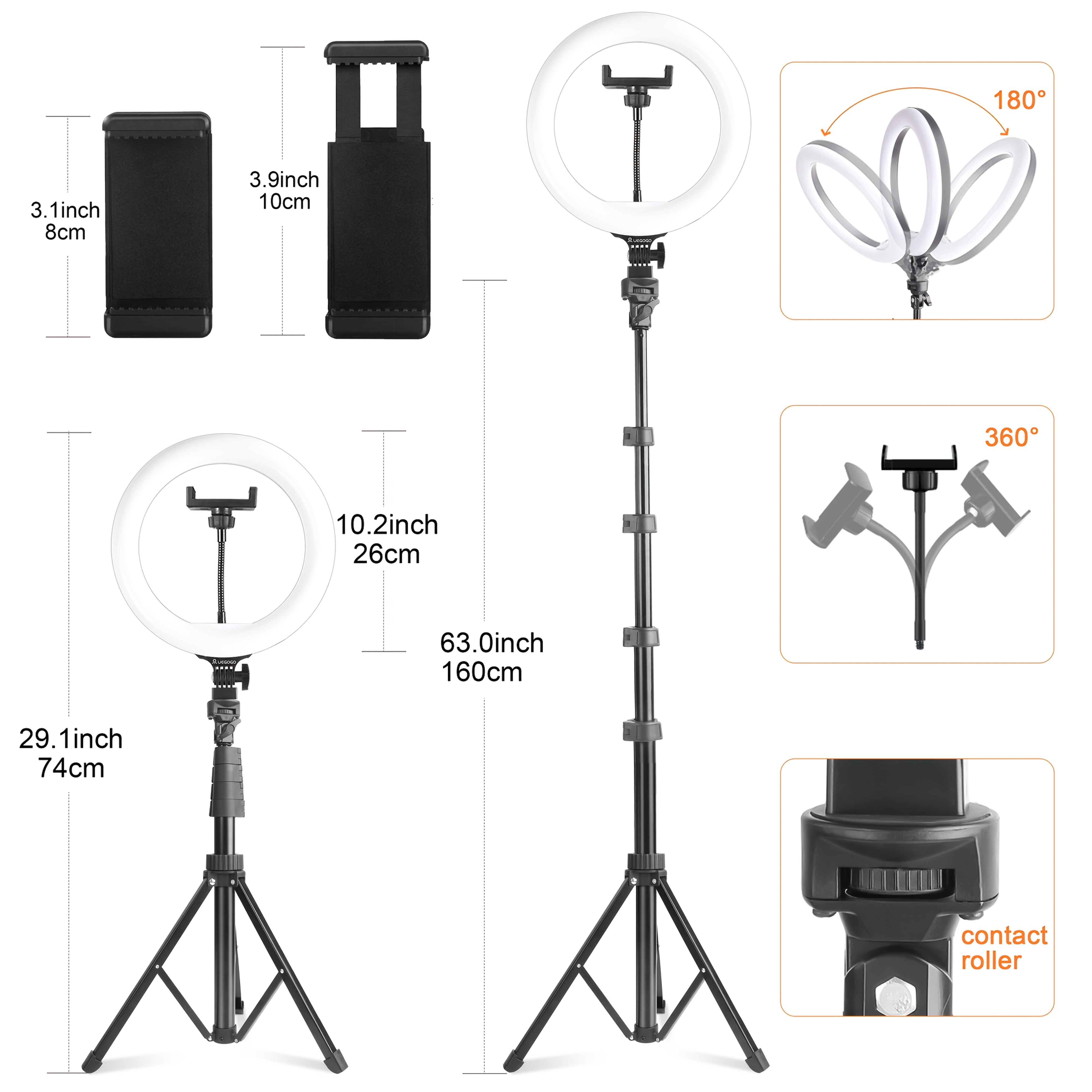 10/12" Selfie Ring Light with 63" Stand, Phone Holder, Remote, RGB LED Halo Light for Vlogging Video Photo Kit