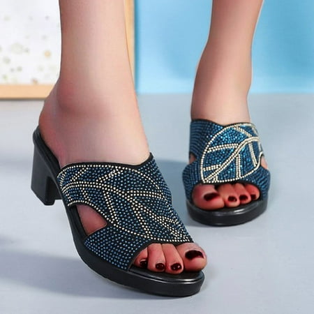 

YTJX Fashion Women s Casual Shoes Diamond Slip-on Heels Leisure Slippers