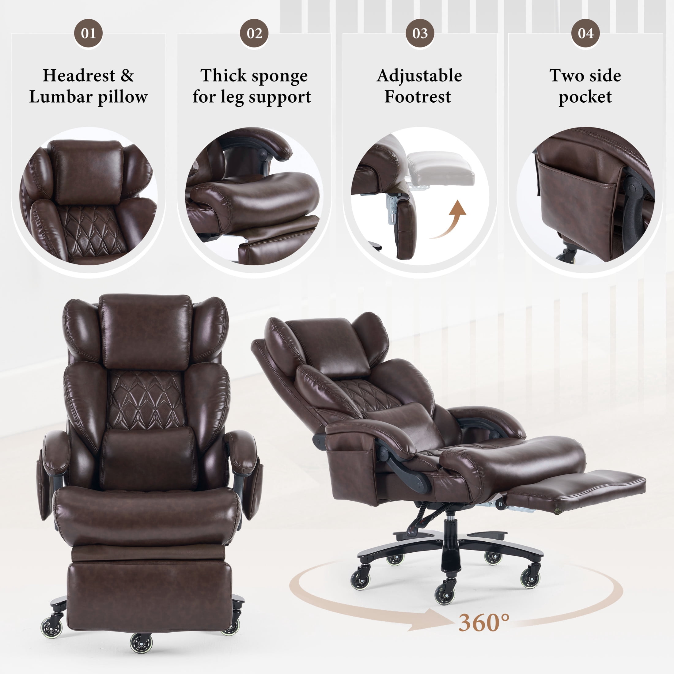 Noble House Cressi Tall Office Chair, High Back Computer Desk Chair with Swivel Base And Universal Wheels, Brown
