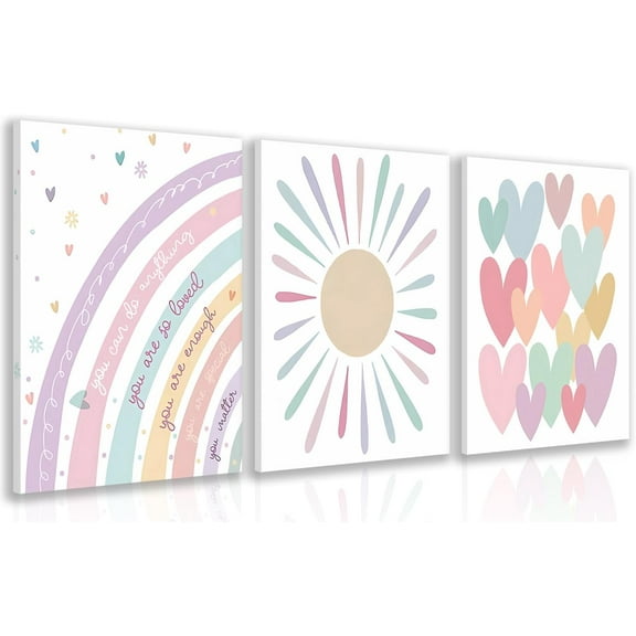 FCCUYE Pink Heart Sun Rainbow Wall Art Set of 3, Baby Room Wall Decor, Boho Rainbow Nursery Canvas Painting, Classic Minimalist Poster Prints for Bedroom Bathroom Classroom Wood Framed 12x16 Inch