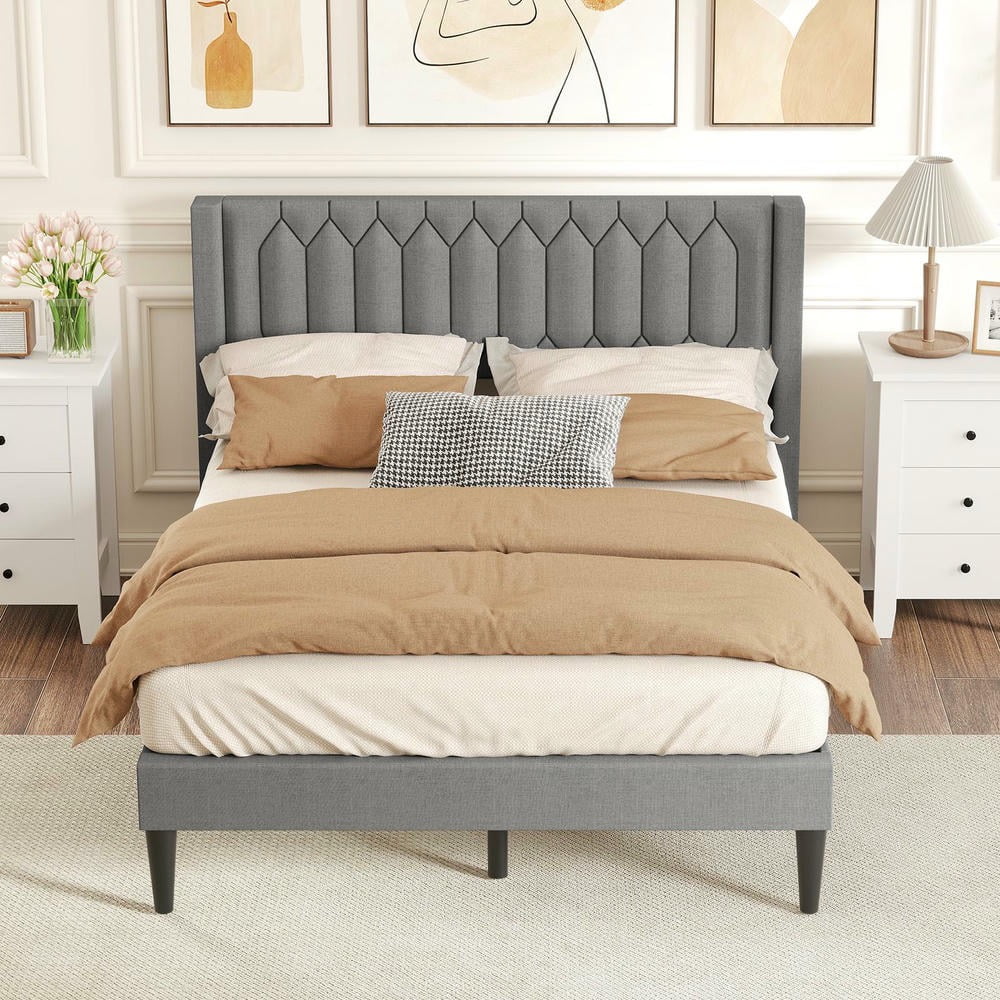 GVN Queen Size Sturdy Bed Frame with Wingback Headboard and Wooden Slat Support, Dutch Linen Fabric Upholstered Bedroom Platform Bed Frame for Apartment, Bedroom, Beige