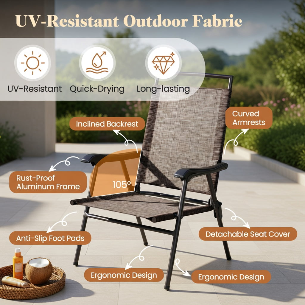 Hommoo 3-Piece Outdoor Patio Set, Round Tempered Glass Table & 2 Folding Chairs with Breathable Fabric Seats, Compact for Balcony & Small Spaces, Brown