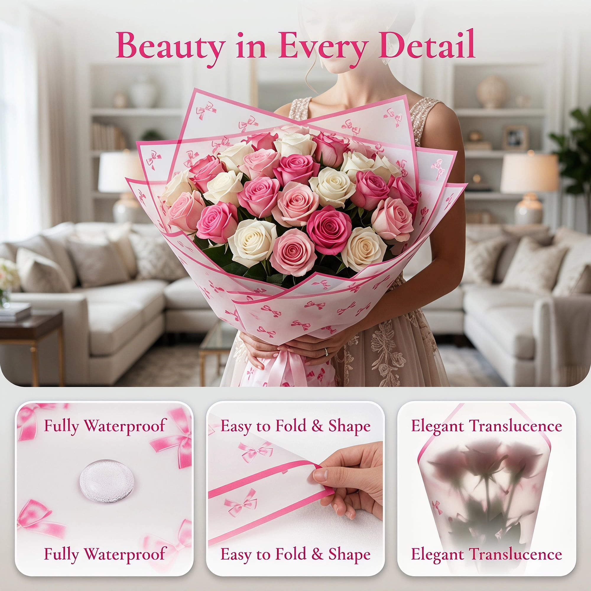 Unique Bargains Waterproof Luxury Matte Gift Wrapping Paper for Bouquets Pink 21.3"x 21.3"