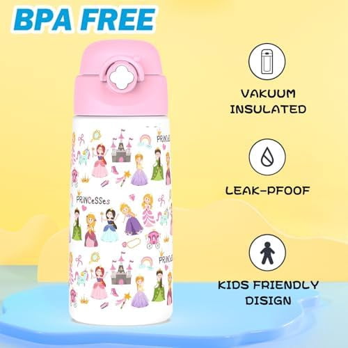 Girls Insulated Water Bottle with Covered Pop-Up Straw,16 oz Kids Cups with Stainless Steel Leak Proof for School Pink（Princess）