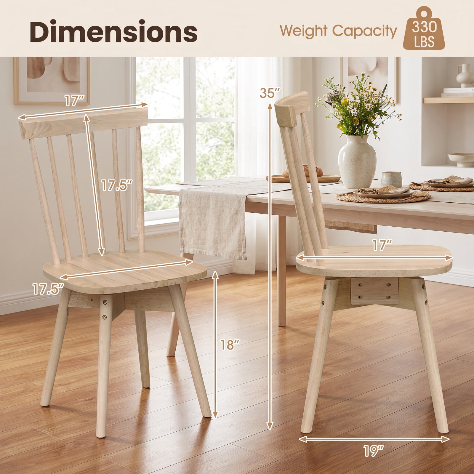 Furnibear Windsor Dining Chairs Set of 2 Mid Century Rubber Wood Kitchen Chairs with Swivel Seat for Kitchen Dining Room Living Room Home, Natural