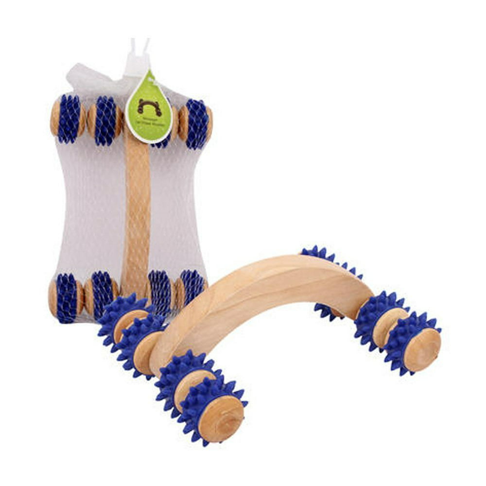 Wooden Hand Held Massage Roller With 8 Rubber Wheels