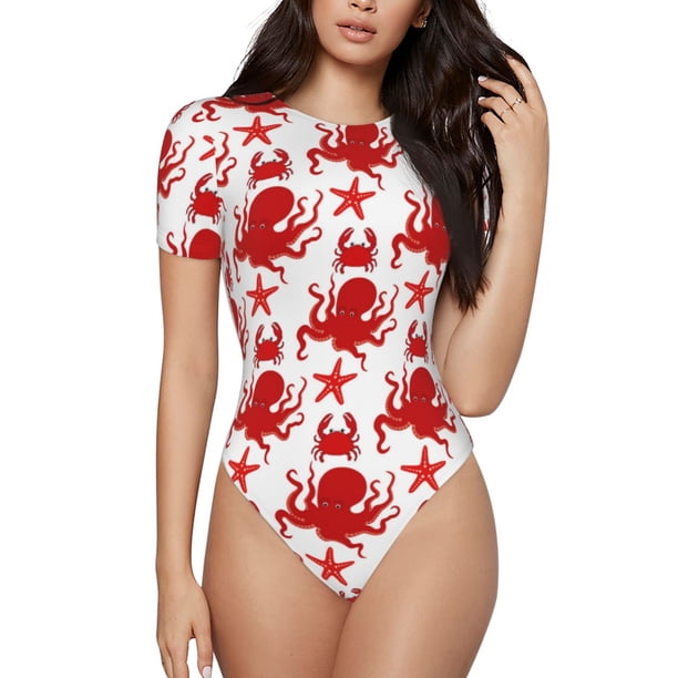 Balery Octopus Body de cuello redondo de manga corta para mujer Tops de manga corta Tops básicos-X-Large