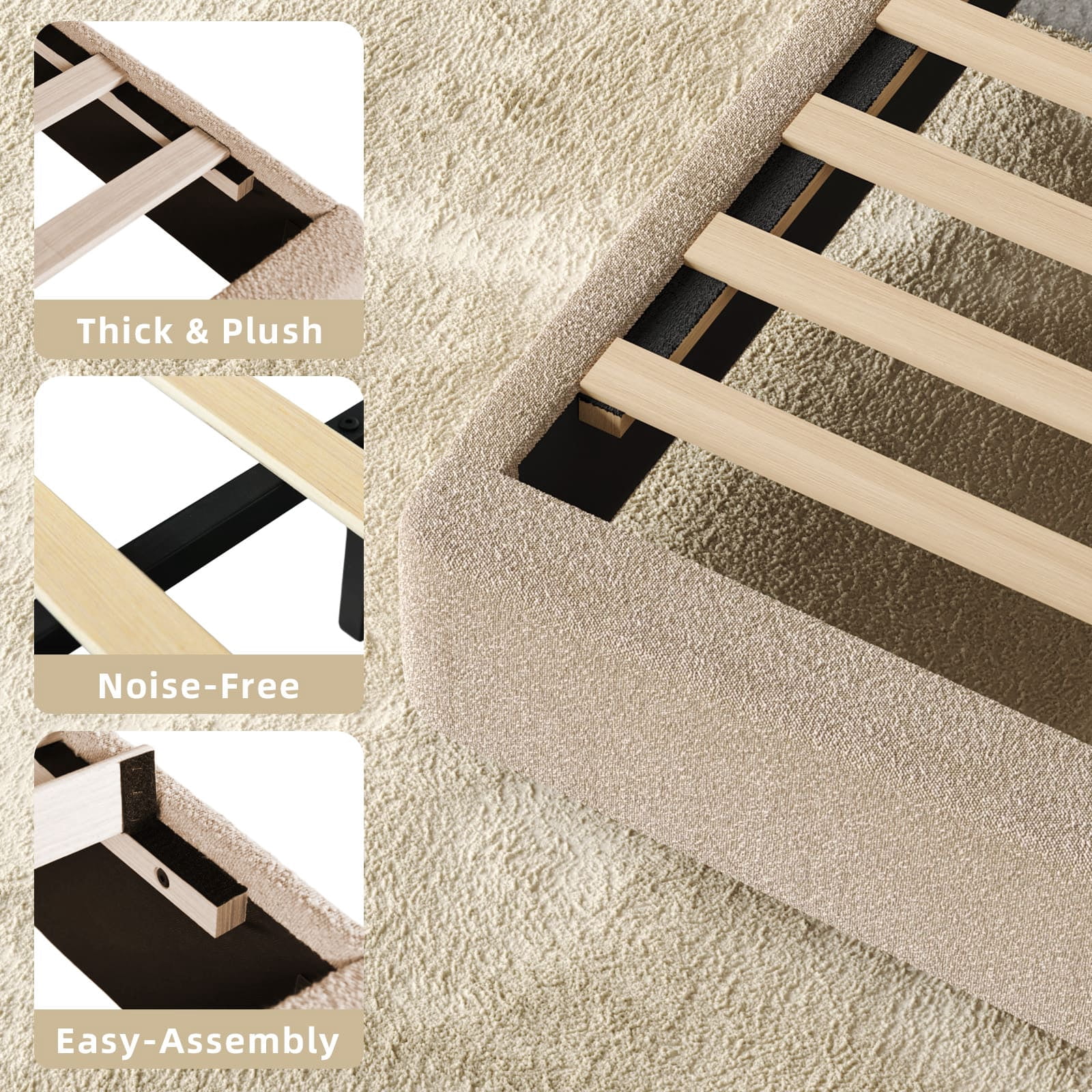 4 EVER WINNER Queen Bed Frame with Headboard, Boucle Upholstered Platform Bed Frame, Luxurious Soft Rounded Corners, No Box Spring Required, Non-Slip and Noise-Free, Easy Assembly, Beige