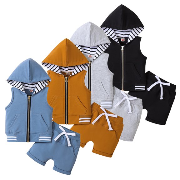 QUDDERR 3M-4Y Boys Summer 2PCS Outfits for Baby Toddler Sleeveless T-Shirt Tank Tops Solid Colour Shorts Sports Set