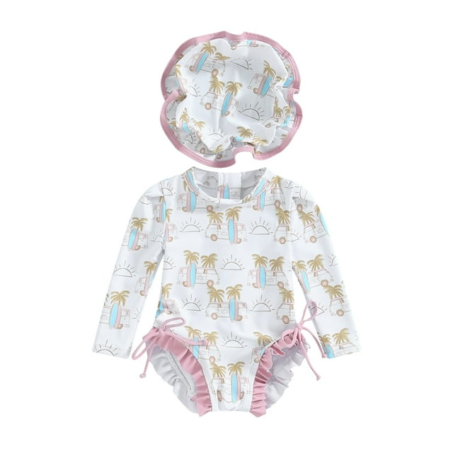 Gupgi Baby Girl Floral Rash Guard with Sun Hat, 3 6 12 18 24 Months One Piece Swimsuit Long Sleeve Zipper Ruffle Swimwear Summer Bathing Suits