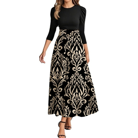 WTOBBY Women's Floral Stitching Belted Round Neck 3/4 Sleeve Dress, Fashion Casual Midi Dress with Elegant Details for Various Occasions,Beige L