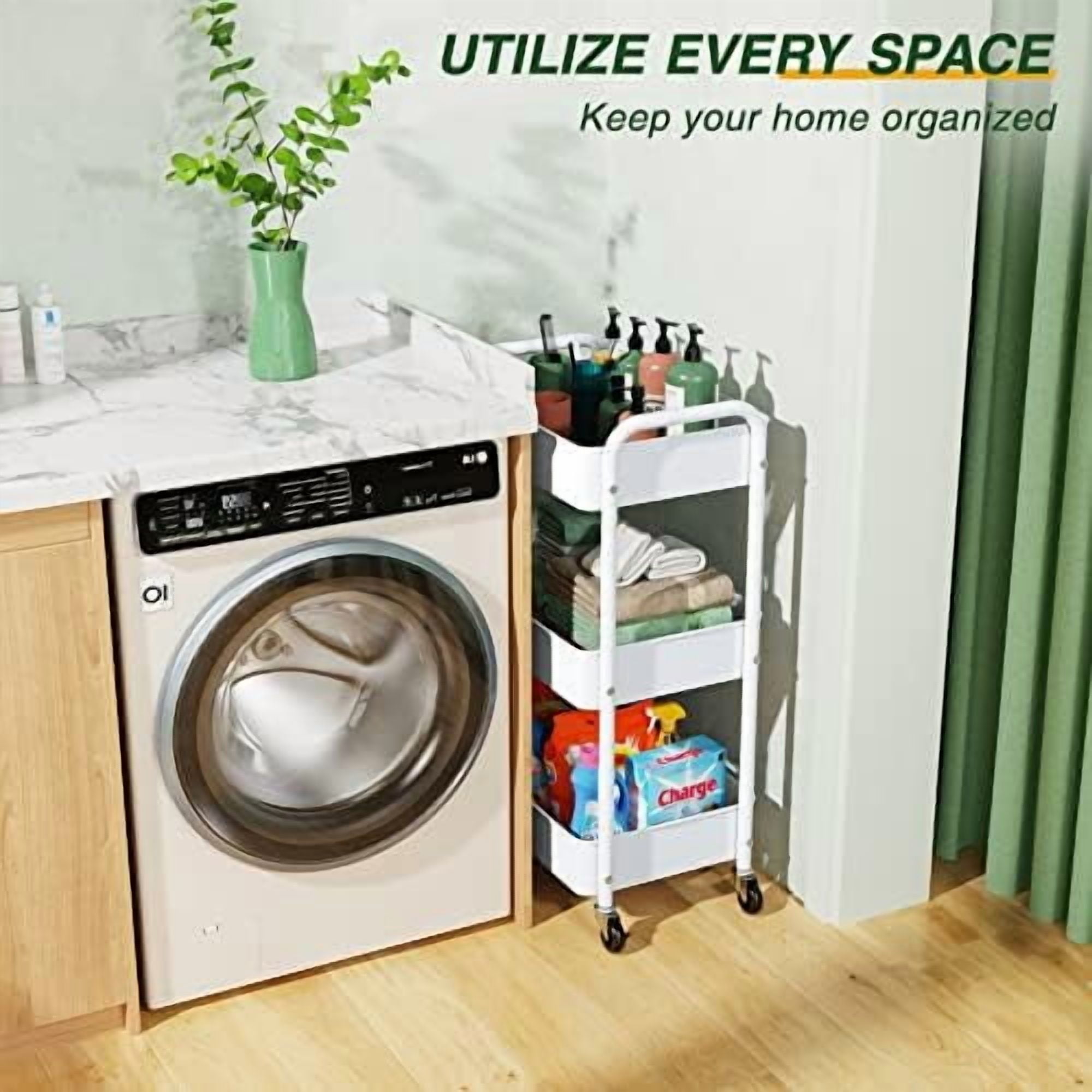3 Tier Rolling Storage Cart, Metal Trolley Utility Cart with Wheels & Hooks, Easy Assembly Organizer Storage Cart for Bathroom Kitchen Office Bedroom White