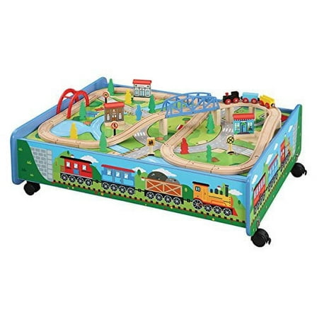Maxim Enterprise Wooden Train Set with Play Table 62 Pc Set Over Under Bridge Trackpiece Fun Toy Railway for Girls Boys Compatible with Thomas BRIO Melissa Doug Multicolor 50083