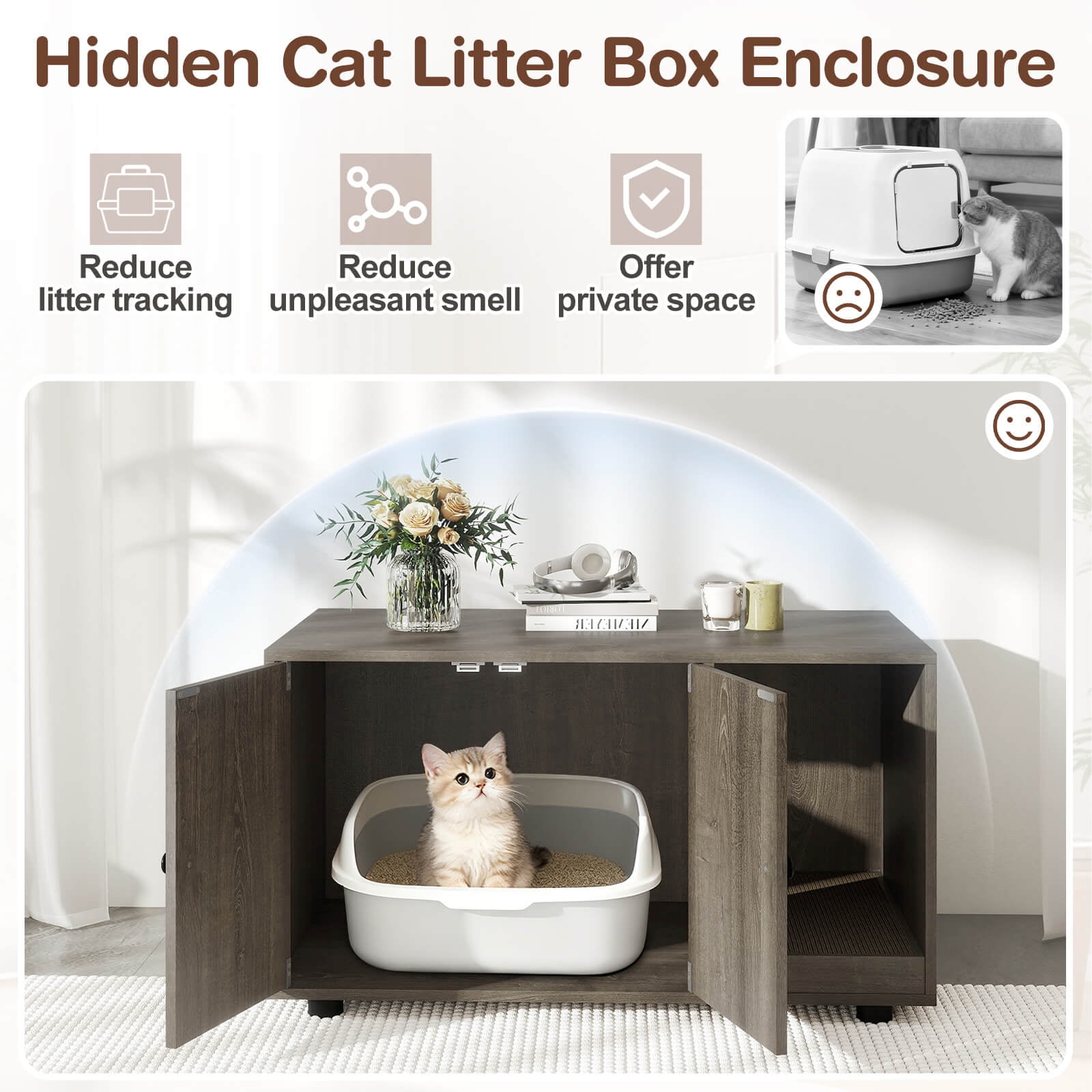 Costway Wooden Cat Litter Box Enclosure, Hidden Litter Box Furniture with Scratching Board Oak