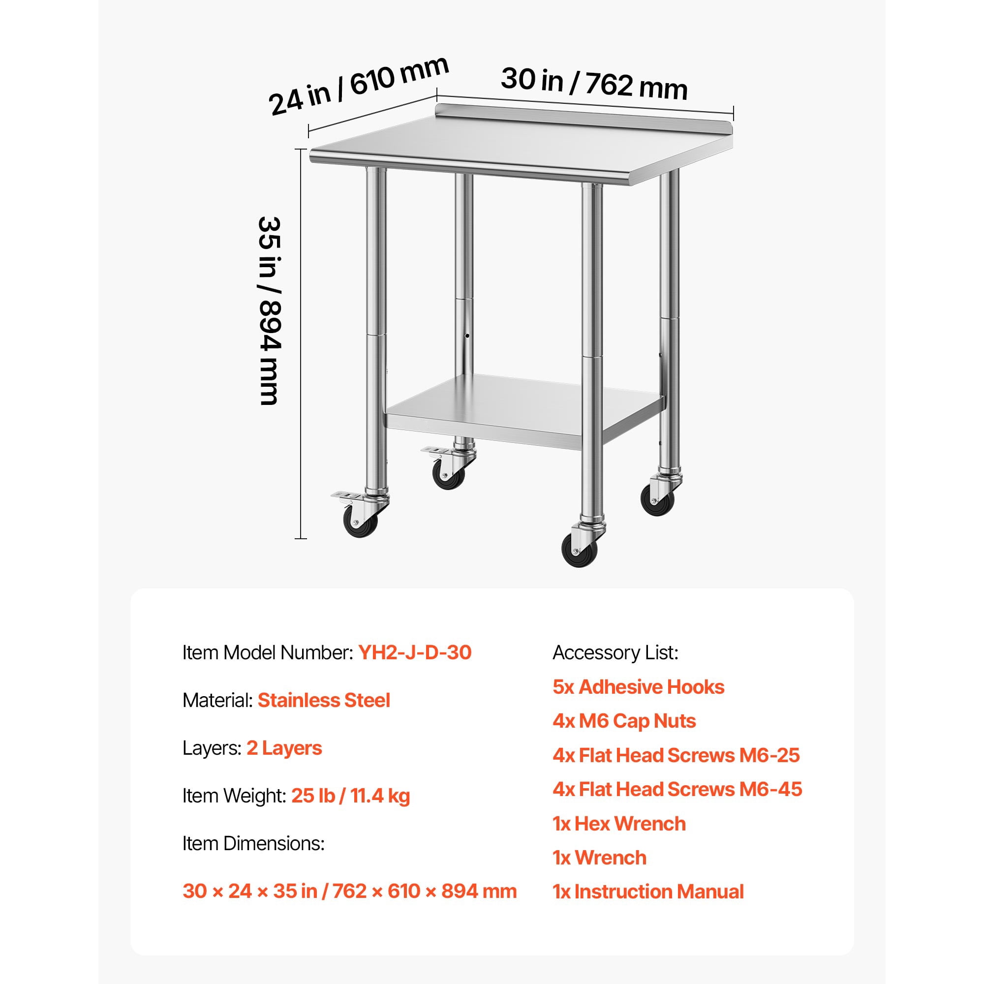 KFFKFF Stainless Steel Work Table, 24x30 inch Food Prep Station with Wheels and Backsplash, Adjustable Undershelf Metal Utility Table for Kitchen, Home, Restaurant, or Outdoor Use