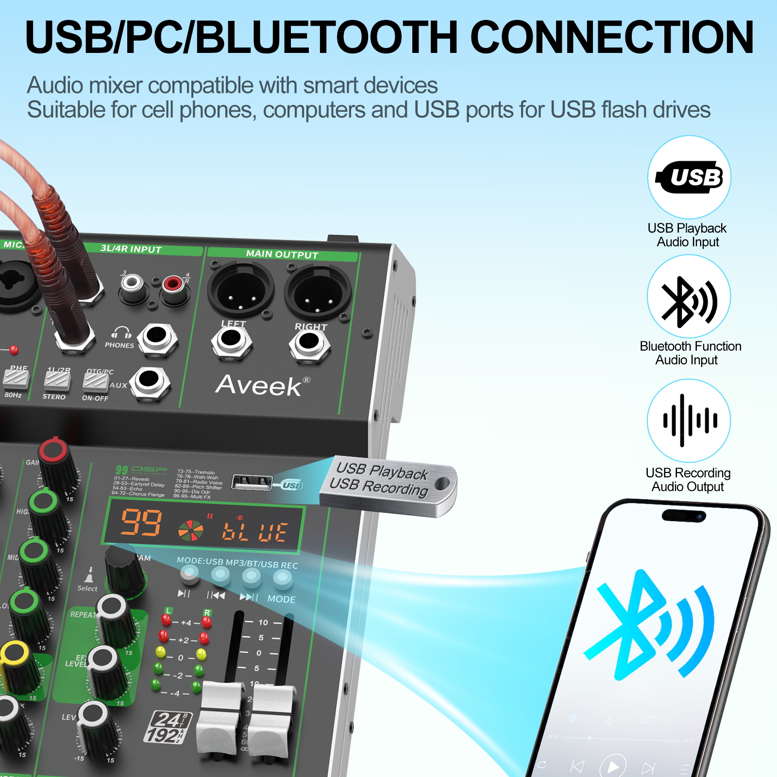 Aveek 4 Channel Audio Mixer, Professional Sound Board Mixing Console with Bluetooth USB, 48V Phantom Power & 99 DSP Effects for Karaoke Studio PC Recording Live Streaming