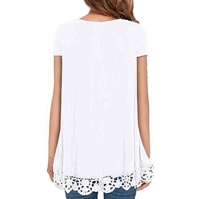 Qarigey Camiseta de mujer Color sólido Suelta Top básico Encaje Dobladillo hueco Manga corta Blusa de cuello Prendas para la parte del cuerpo Blanco S