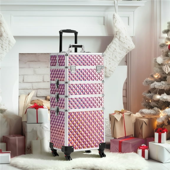Alden Design 4-in-1 Professional Makeup Train Case with Wheels, Glitter Pink