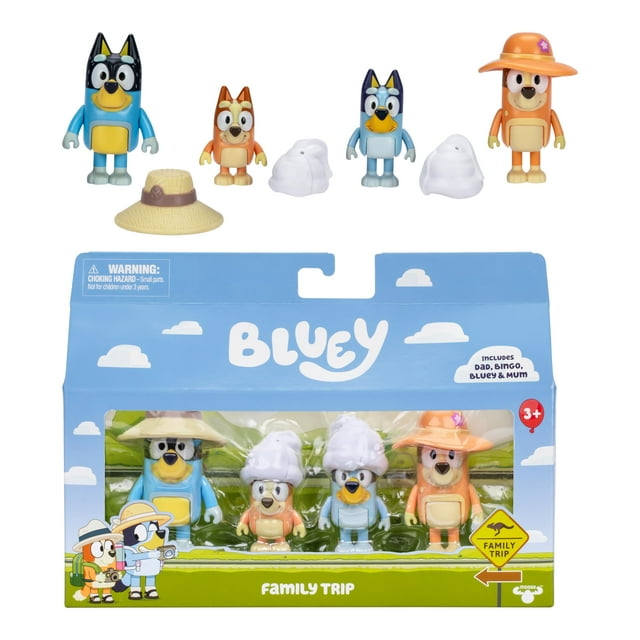 Paquete de 4 figuras Bluey Family Trip con figuras posables de 2.5 pulgadas