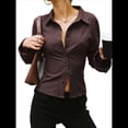 thumbnail image 3 of Camisas de Mujer con Botones, Larga A Rayas, Cuello, Blusas Informales de Trabajo, Conjuntos Modernos Marrón Oscuro M, 3 of 10