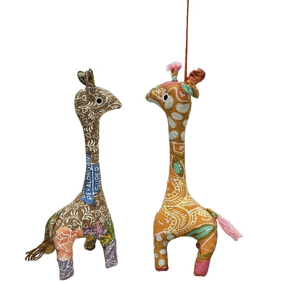 Batik Sarong Fabric Giraffe Hanging Figurine Ornament Each Hand Made Using Recycled Batik Fabric, Makes For Great Christmas Tree Holiday Arrangement Décor Set of 2