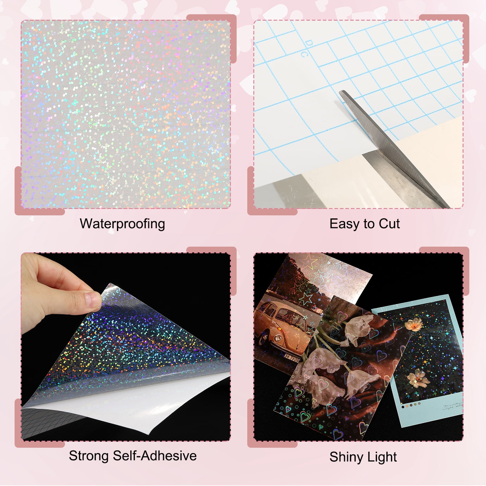 Uxcell 12 Sheets Holographic Sticker Paper, 8.3" x 11.7" Holographic Self-Adhesive A4 Transparent Waterproof Laminate Overlay Film for Photo Cards Scrapbook Decorations(Little Dot)