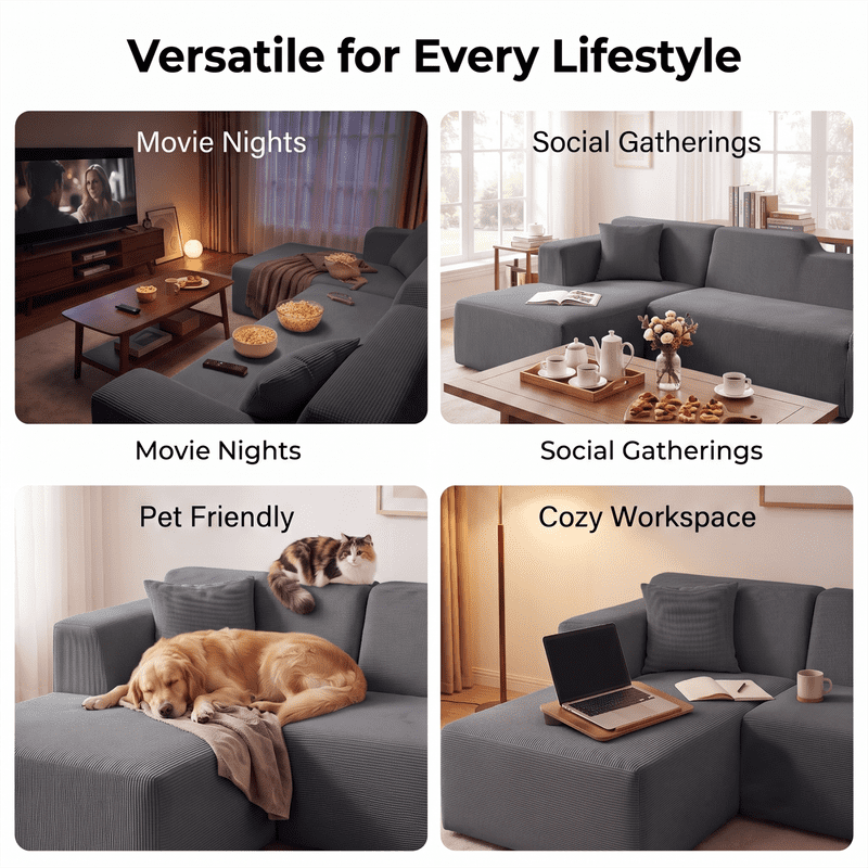 Gewnee 97" L-Shaped Sectional Sofa, Modern Corduroy Modular Sofa Couch with Deep Seat, High Back Cloud Couch, Convertible Ottoman Sectional Couch for Living Room, Black