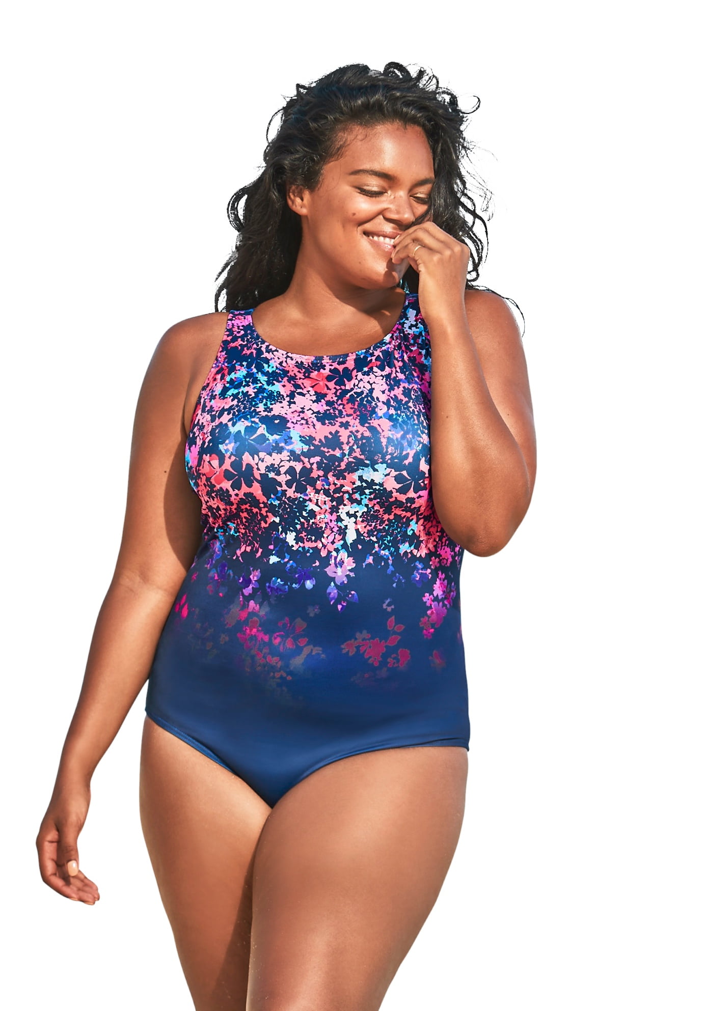 Longitude Womens Swimwear Plus Size Sound Wave Panel Scoopneck Tank Tummy Control Long Torso One Piece Swimsuit
