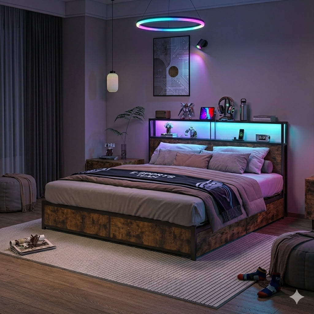 LED Full Bed Frame with Storage Headboard & 4 Drawers, Industrial Metal Platform Bed with Power Charging Station & USB Ports