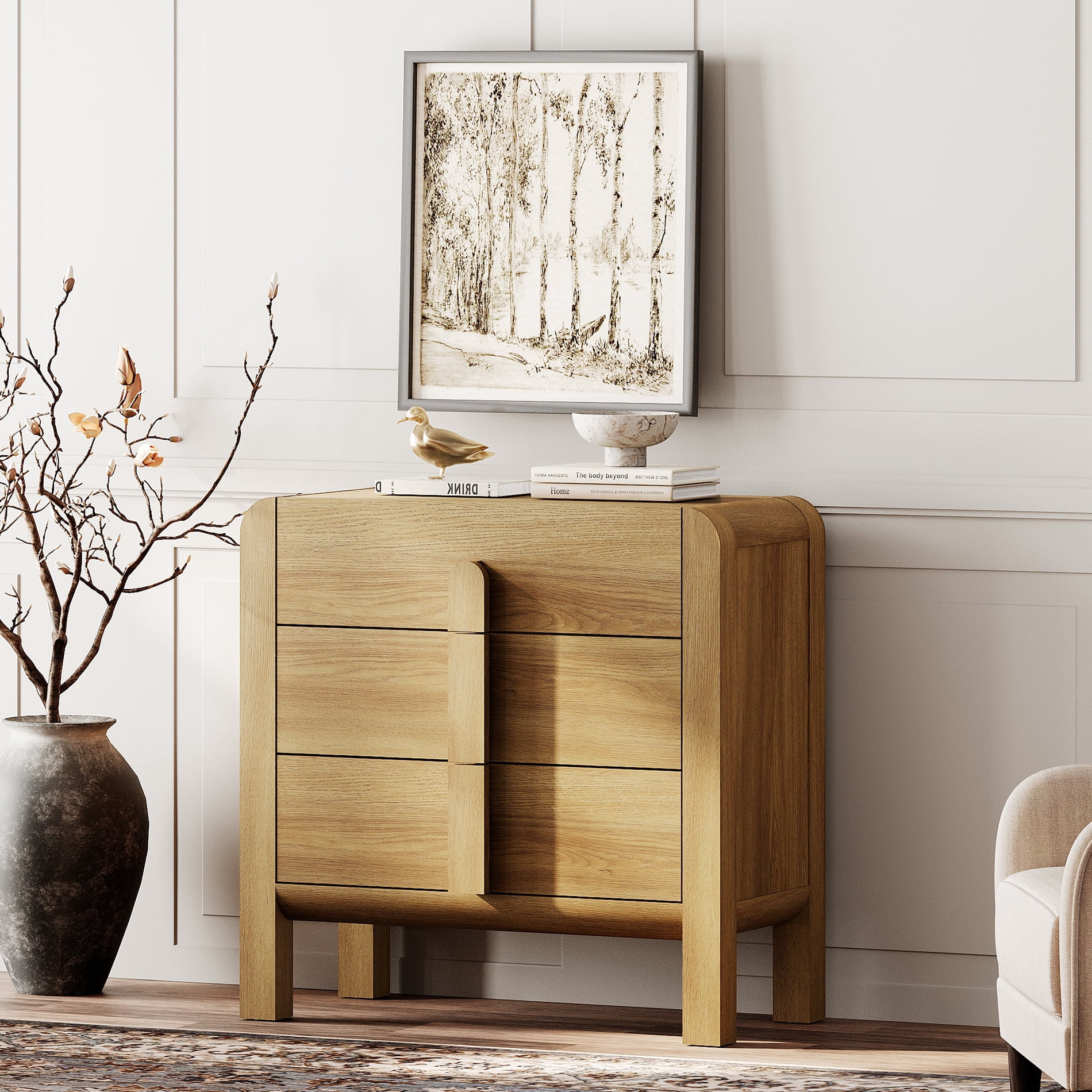 Modern Wood 3-Drawer Dresser with Curved Profile Design, Mid Century Dresser Organizer Storage for Bedroom,Living room, Entryway