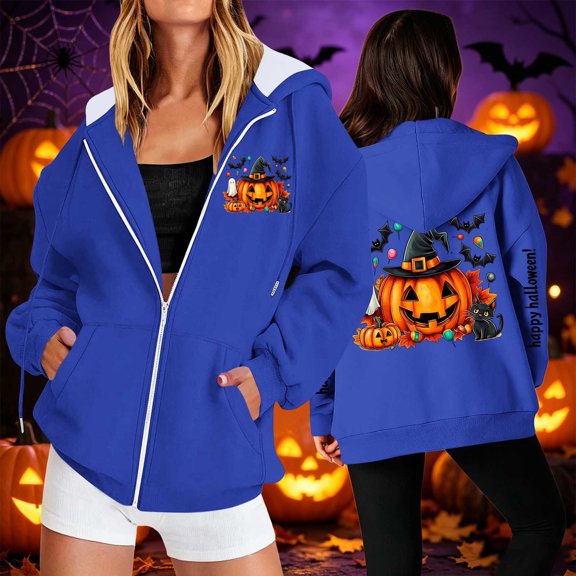 Mifsaly Womens Oversized Halloween Hoodie Spooky Graphic Zip Up Hooded Sweatshirt Casual Fall Long Sleeve Jacket for Party Everyday Novelty Blue,S